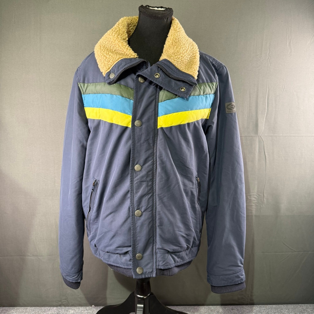 Designer Energie Jacket Men’s L Shearling Insulated Y2K Retro Stripe Italy Navy